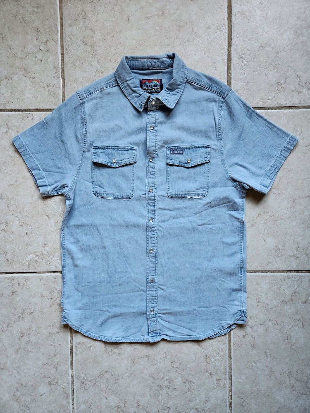 BURLEBO Denim Pearl Snap Button Up Short Sleeve Shirt Medium Light Wash Blue
